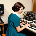 A professional studio musician, fully clothed in modest 1960s professional dress, carefully adjusting a vintage analog synthesizer and a Mellotron in a meticulously organized recording studio. The studio features soundproofed walls and classic recording equipment like reel-to-reel tape machines. Subtle, warm lighting creates an atmosphere of innovative experimentation. Professional photography, high-resolution, perfect anatomy, correct proportions, natural pose, well-formed hands, proper finger count, natural body proportions, safe for work, appropriate content, fully clothed, professional, high quality.
