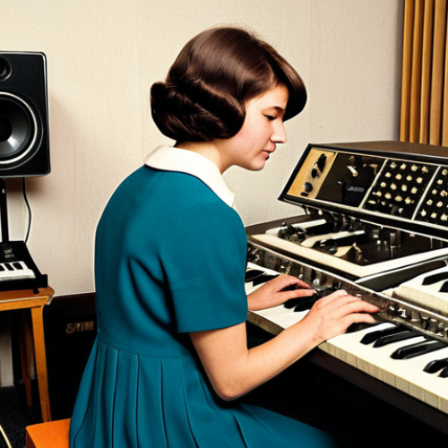 Home 19 A professional studio musician, fully clothed in modest 1960s professional dress, carefully adjusting a vintage analog synthesizer and a Mellotron in a meticulously organized recording studio. The studio features soundproofed walls and classic recording equipment like reel-to-reel tape machines. Subtle, warm lighting creates an atmosphere of innovative experimentation. Professional photography, high-resolution, perfect anatomy, correct proportions, natural pose, well-formed hands, proper finger count, natural body proportions, safe for work, appropriate content, fully clothed, professional, high quality.
