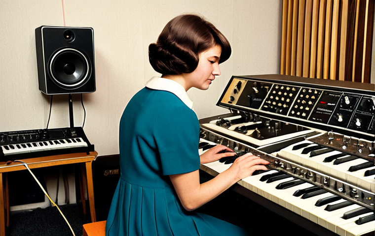 A professional studio musician, fully clothed in modest 1960s professional dress, carefully adjusting a vintage analog synthesizer and a Mellotron in a meticulously organized recording studio. The studio features soundproofed walls and classic recording equipment like reel-to-reel tape machines. Subtle, warm lighting creates an atmosphere of innovative experimentation. Professional photography, high-resolution, perfect anatomy, correct proportions, natural pose, well-formed hands, proper finger count, natural body proportions, safe for work, appropriate content, fully clothed, professional, high quality.