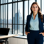 **

A professional female architect, fully clothed in a modest business casual outfit (dress pants, blouse, blazer), standing confidently in a modern, sunlit architectural office. Large windows overlook a cityscape. Holding blueprints. Perfect anatomy, correct proportions, well-formed hands, natural pose, appropriate attire, safe for work, professional, family-friendly, appropriate content.

**