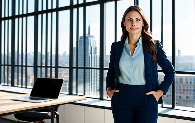 **

A professional female architect, fully clothed in a modest business casual outfit (dress pants, blouse, blazer), standing confidently in a modern, sunlit architectural office. Large windows overlook a cityscape. Holding blueprints. Perfect anatomy, correct proportions, well-formed hands, natural pose, appropriate attire, safe for work, professional, family-friendly, appropriate content.

**
