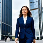 **

"A confident, professional businesswoman in a fully clothed, modest dark-blue pantsuit, walking through a modern Moscow business district with glass skyscrapers in the background, appropriate attire, safe for work, perfect anatomy, correct proportions, well-formed hands, professional photography, corporate headshot, family-friendly."

**