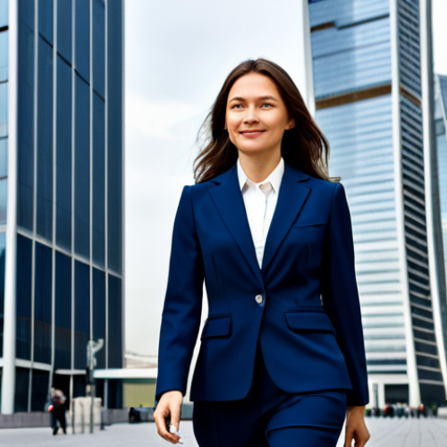 Home 8 **
"A confident, professional businesswoman in a fully clothed, modest dark-blue pantsuit, walking through a modern Moscow business district with glass skyscrapers in the background, appropriate attire, safe for work, perfect anatomy, correct proportions, well-formed hands, professional photography, corporate headshot, family-friendly."
**