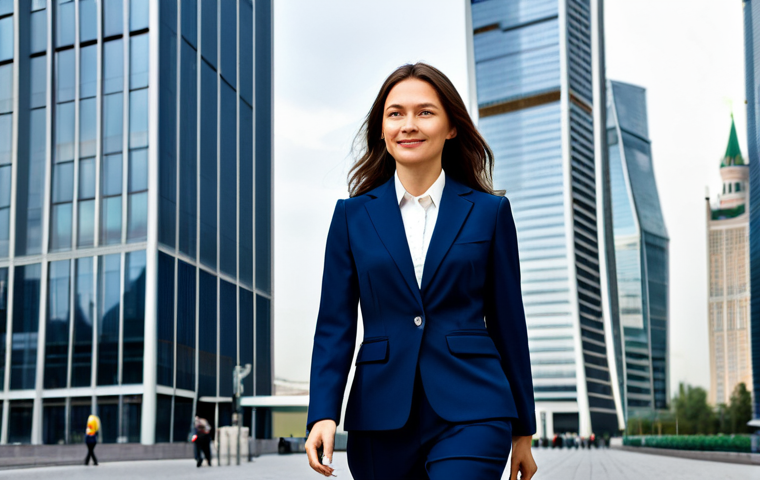 **

"A confident, professional businesswoman in a fully clothed, modest dark-blue pantsuit, walking through a modern Moscow business district with glass skyscrapers in the background, appropriate attire, safe for work, perfect anatomy, correct proportions, well-formed hands, professional photography, corporate headshot, family-friendly."

**