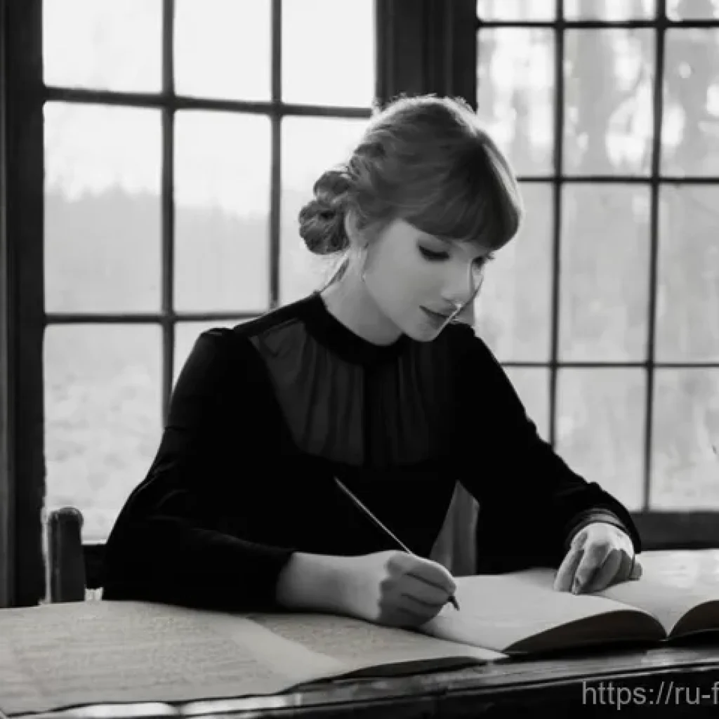 테일러 스위프트의 Folkore 앨범 작곡가들 - **Prompt:** A highly detailed, black and white photograph of Taylor Swift, in her late 20s, with a c...