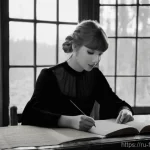 테일러 스위프트의 Folkore 앨범 작곡가들 - **Prompt:** A highly detailed, black and white photograph of Taylor Swift, in her late 20s, with a c...
