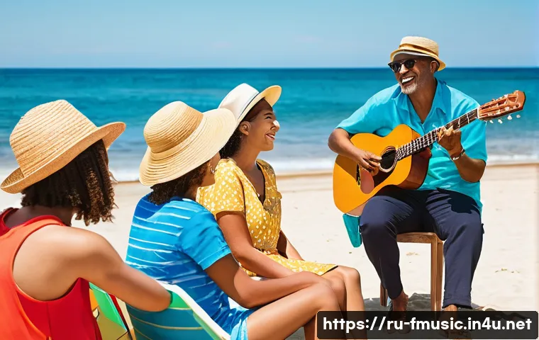 제이슨 므라즈 I m Yours 음원 수익 공개 - **Prompt:** A vibrant, sun-drenched scene on a picturesque beach, filled with a diverse group of peo...