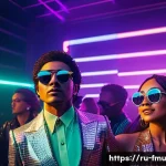 디스코 음악의 부활과 2020년대 대표곡 - A vibrant disco dance floor scene in a modern Moscow nightclub during the 2020s, featuring diverse y...