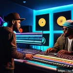 팝 음악과 힙합 장르의 융합 사례 - A vibrant music studio scene featuring two artists collaborating on a fusion track blending pop and ...