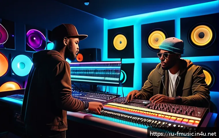 팝 음악과 힙합 장르의 융합 사례 - A vibrant music studio scene featuring two artists collaborating on a fusion track blending pop and ...