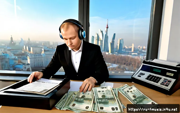 Home 17 마이클 잭슨의 음원 수익 분석 - Photorealistic financial analysis scene in a modern Moscow office, a music industry accountant revie...